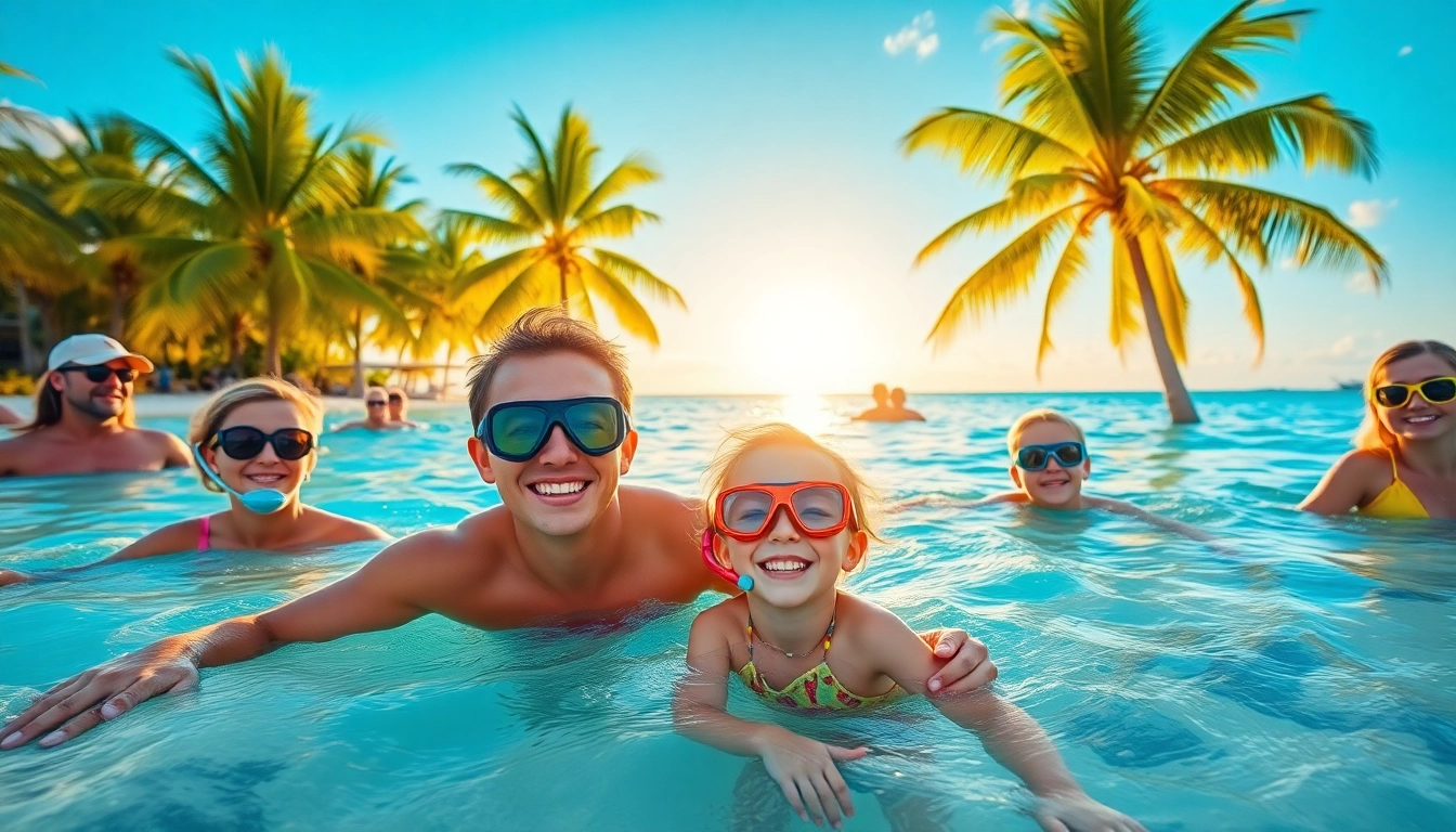 Experience exciting Harvest Caye Tours Belize with tourists snorkeling in turquoise waters.